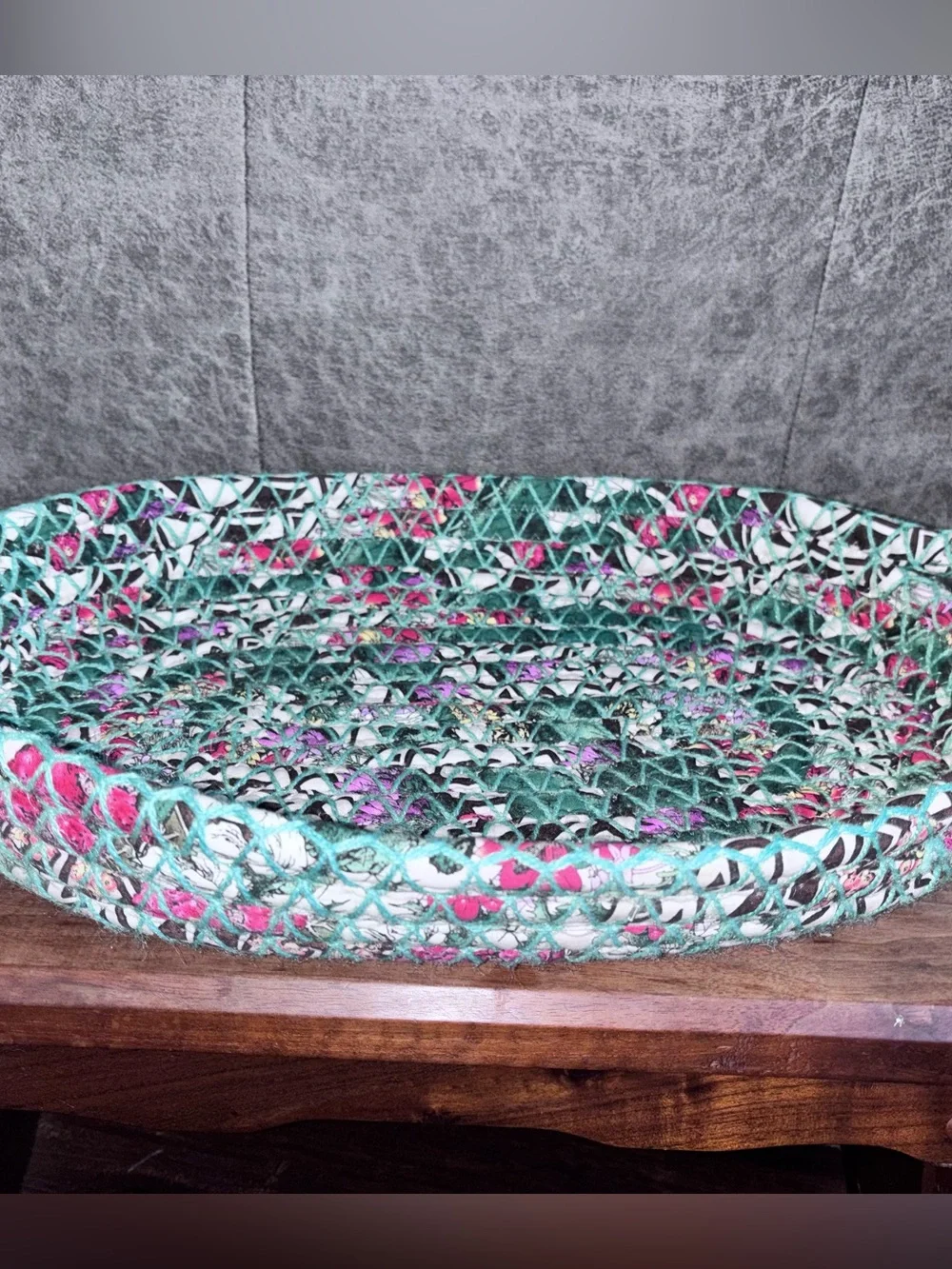 Vintage Rolled Rag Rug Basket Oval Double Handle Primitive Farmhouse Cottagecore